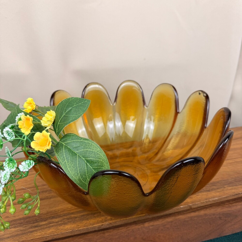 Vintage Indiana Glass 11" Lotus Flower Amber Glass Scalloped Petal Bowl